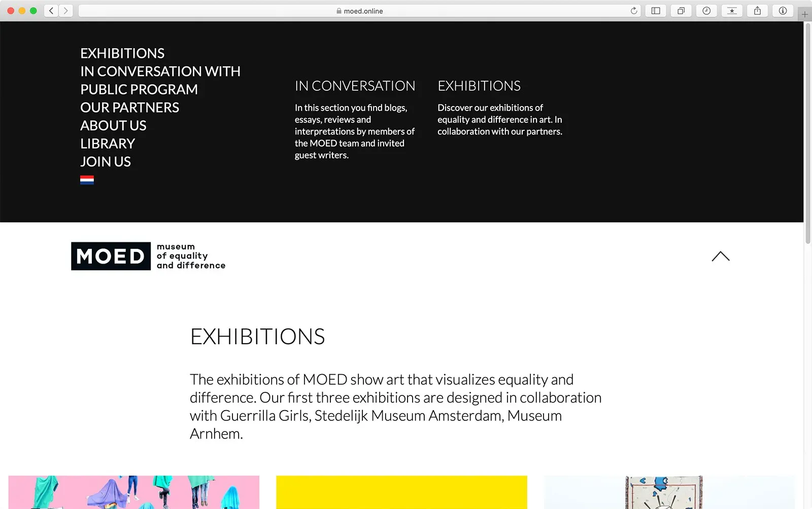 Pagina exposities met uitgeklapt navigatiemenu website MOED Museum