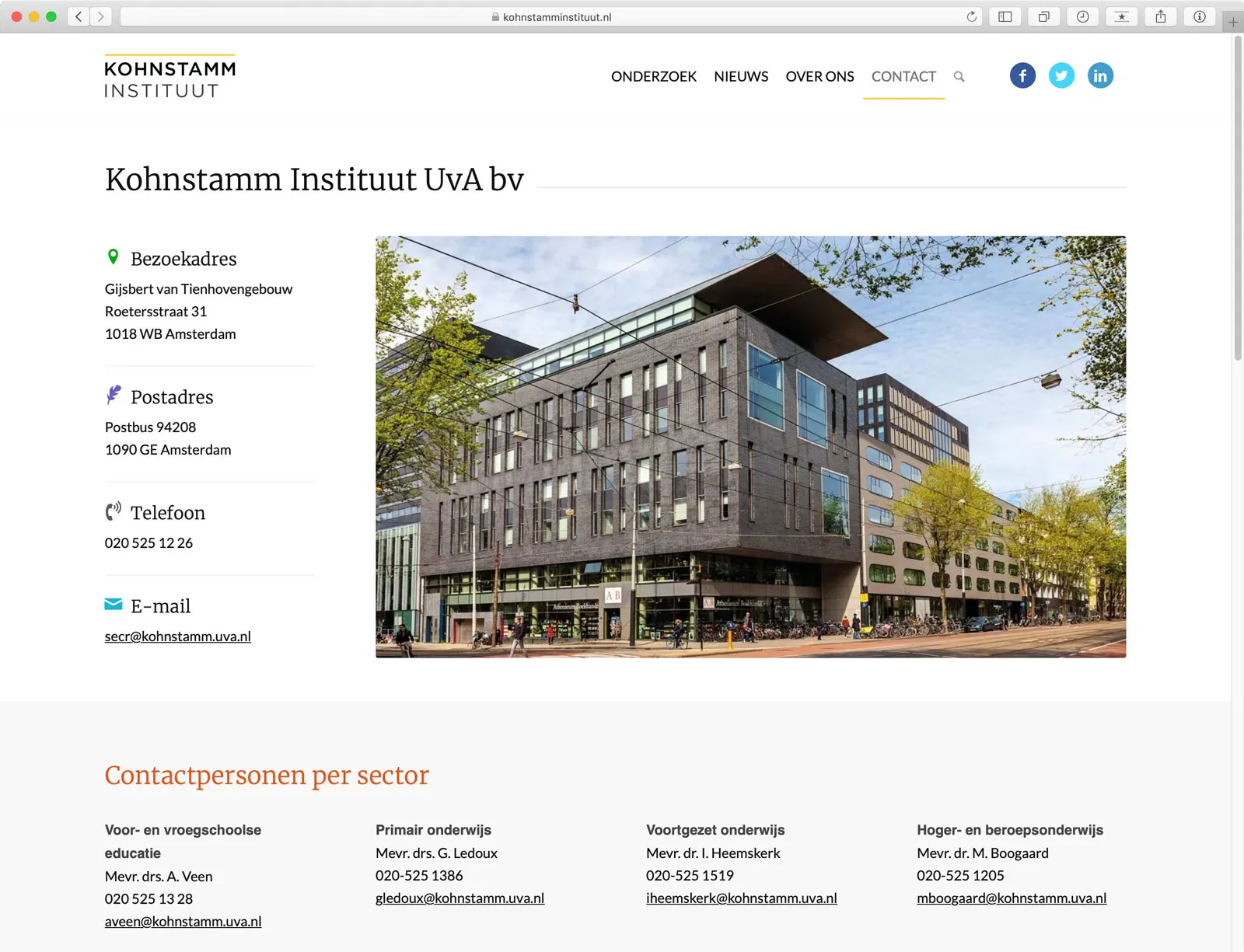 Website Kohnstamm Instituut - Pagina Contact